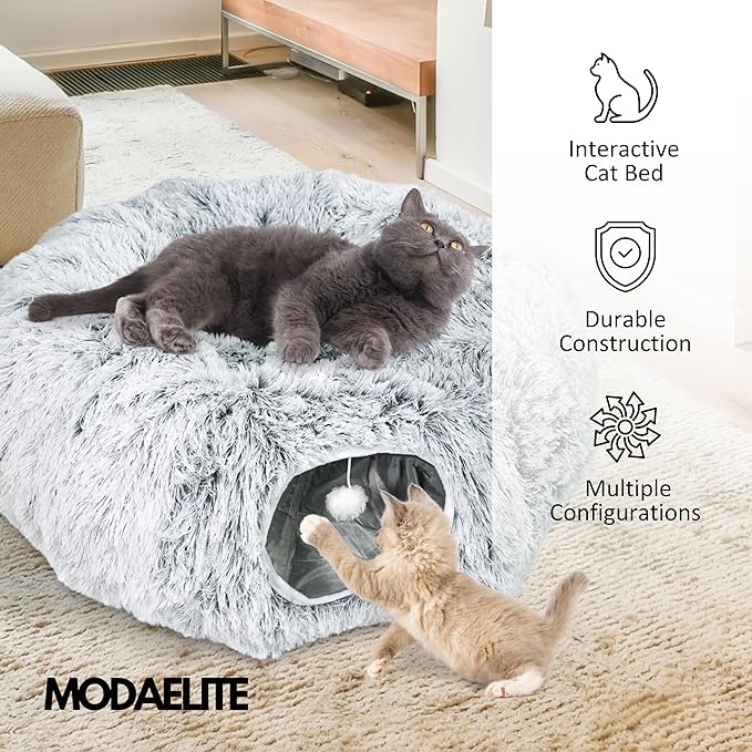 Donut Tunnel Bed for Indoor Cats, Plush Hideaway with Pom Toy, Cozy Cats Toy, Gray