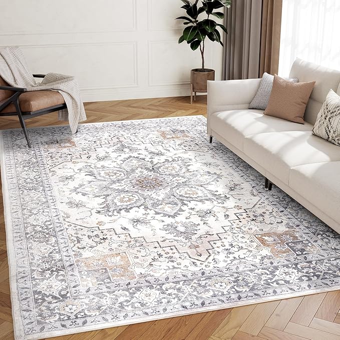 AMADA HOMEFURNISHING 5x7 Area Rugs, Washable Living Room Rug Low-Profile with Non-Slip Backing & Durable Edge Binding, Vintage 5x7 Rugs for Living Room, Bedroom, Dinning Room