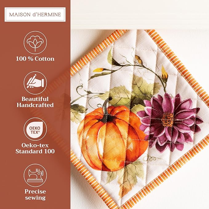 Maison d' Hermine Pot Holders Set 100% Cotton Heat Resistant Potholders 8" x 8" Hot Pads with Loop for Thanksgiving Christmas Decorations Handling Hot Pans (Pack of 2, Pumpkin Garden - Cloudy Cream)