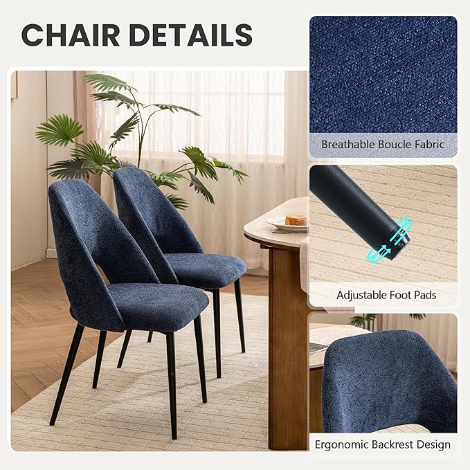 Rowill Boucle Dining Chairs Set of 6, Morden Upholstered Dining Room Kitchen Chairs with Metal Legs for Living Room, Bedroom, Restaurant, Blue