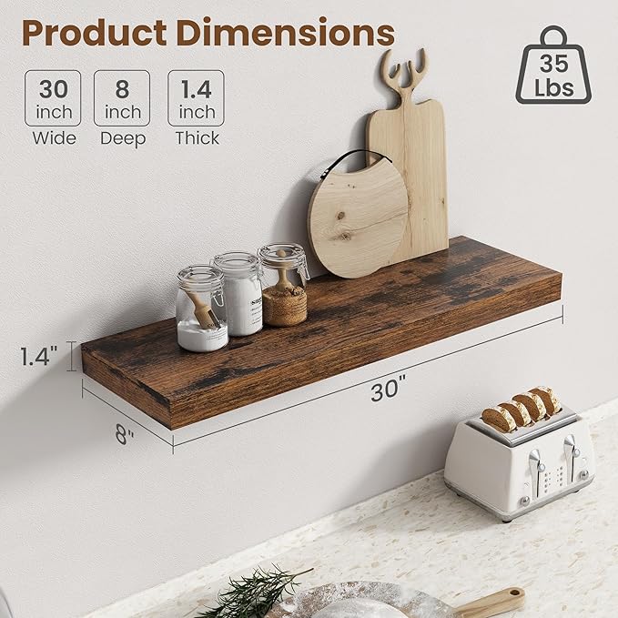 30 Inch Floating Shelves for Wall, 8 Inch Deep Floating Shelf for Storage & Display, Wall Mounted Shelf with Invisible Brackets for Living Room, Kitchen, Bathroom, Home Decor, Set of 2, Rustic Brown