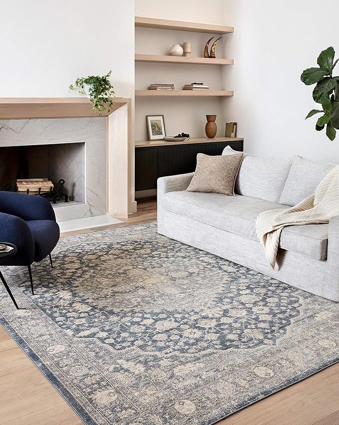 Loloi Teagan Collection TEA-01 Denim/Mist 3'-4" x 5'-7" Accent Rug, Large, Soft Neutral Rug, High-Traffic for Living Room, Bedroom, Home Office, Dining Area