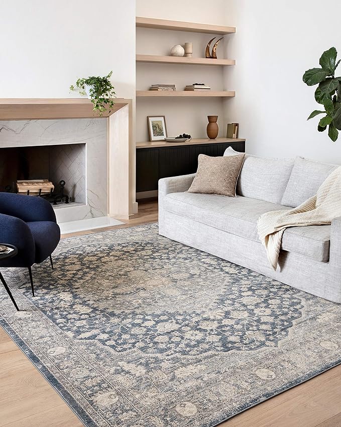 Loloi Teagan Collection TEA-01 Denim/Mist 5'-3" x 7'-6" Area Rug, Large, Soft Neutral Rug, High-Traffic for Living Room, Bedroom, Home Office, Dining Area