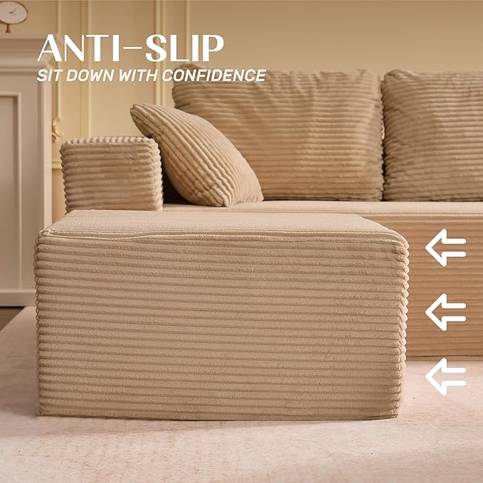 107" Boneless Couch with Deep Seat, Modular Sectional Sofa, Cloud Sectional Couch for Living Room, No Assembly Required, Corduroy, L-Shape Left?Camel