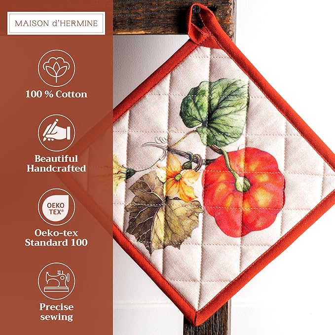 Maison d' Hermine Pot Holders Set 100% Cotton Heat Resistant Potholders 8" x 8" Hot Pads with Loop for Thanksgiving Christmas Decorations BBQ Cooking Baking Handling Hot Pans (Pack of 2, Potiron)