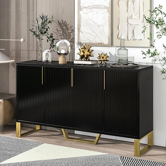 Modern 60'' Large Storage Cabinet Sideboard, Wooden Console Table Kitchen Buffet Cabinet with Metal Handles & Legs and Adjustable Shelves for Living Room Kitchen Entryway (Black-1)