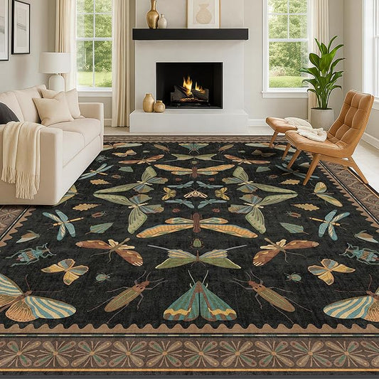 Black Washable 7x9 Large Area Rugs for Living Room, Vintage Insect Soft Rug for Bedroom, Dining Room Under Table, Boho Nature Butterfly Design - Low Pile Non Slip Carpet