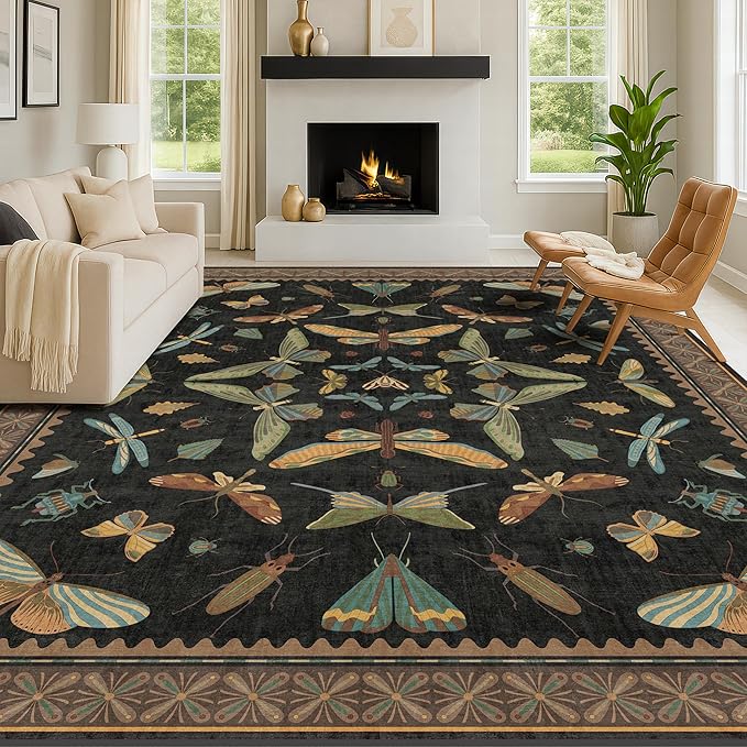 Black Washable Insect Area Rugs 8x10 for Living Room, Bedroom, Dining Room Under Table, Playroom, Large Dark Whimscal Boho Indoor Rug, Ultra Soft Low Pile Non Slip