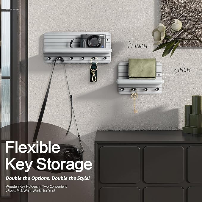 Rebee Vision Small Key Holder Wall Mount – Decorative 7-inch Pine Wooden Key Holder for Wall with 4 Hooks & Floating Shelf - Apartment Essentials for Neat and Chic Home Organization (Gray)