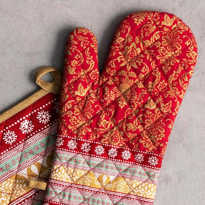 Maison d' Hermine 100% Cotton Oven Mitt & Pot Holder Set (7.5"x13" & 8"x8") Heat Resistant BBQ Cooking Gloves with Loop for Thanksgiving Christmas Decorations Handling Hot Pans (Sofia)