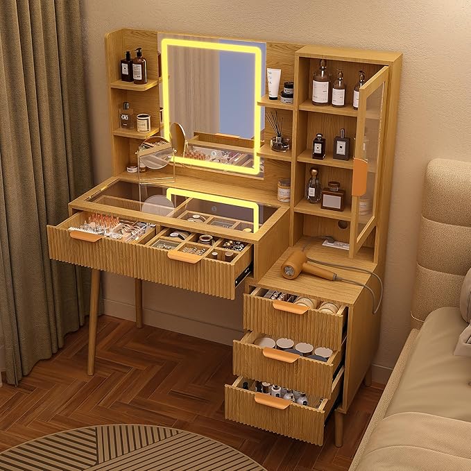 Fluted Vanity Desk with Mirror and Lights, 3 Color Clear Glass Door Dressing Table with Charging Station, 5 Drawers Glass Top Makeup Vanity with 9-Grid Organizer and 10 Storage, Light Oak