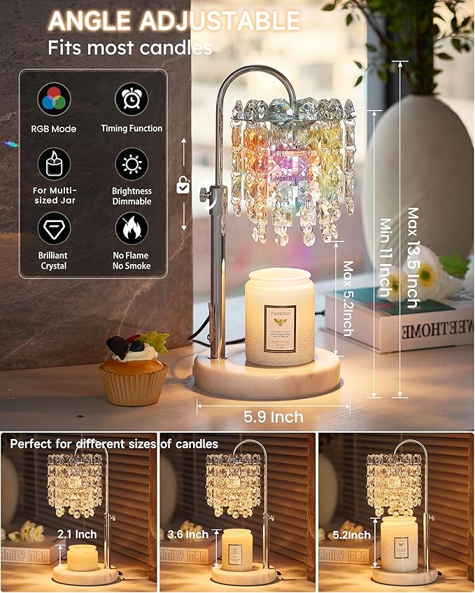 Candle Warmer Lamp with Timer & Dimmable Crystals Candle Lamp Warmer with RGB Mode, Adjustable Height Electric Candle Warmer with 3 Bulbs for Women Mom House Warming Gifts New Home Room Decor