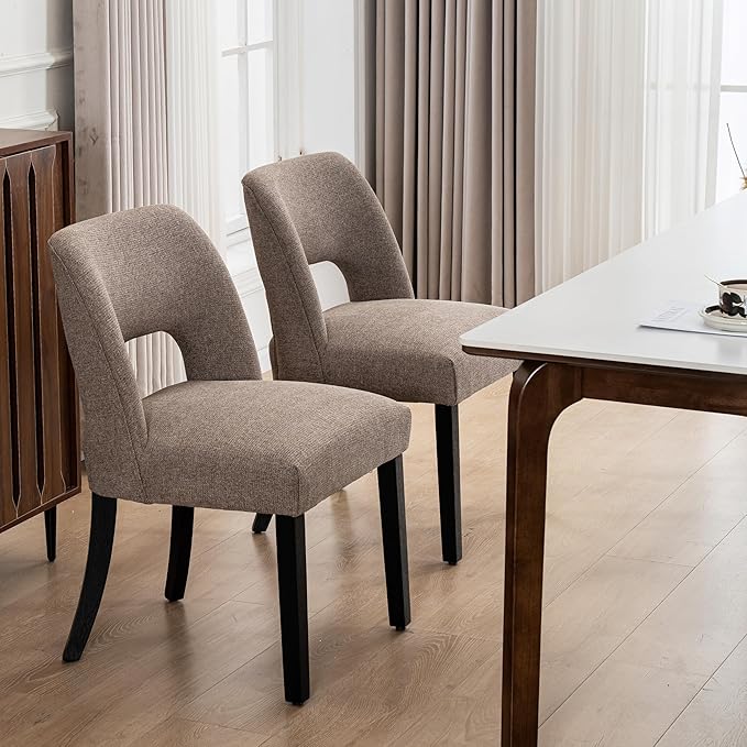 VKNOW Wooden Dining Chairs Set of 2, Modern Fabric Upholstered Dining Room Chair Kitchen Chairs, Farmhouse Dinner Chair for Kitchen Dining Room, Brown-Black Legs