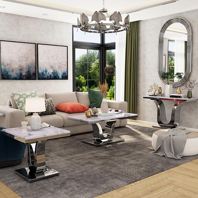 Silver Console Table, White and Silver Living Room Sofa Table, 50" Modern Console Table for Entryway, Living Room, Office, Foyer, Front Hall, Hallway