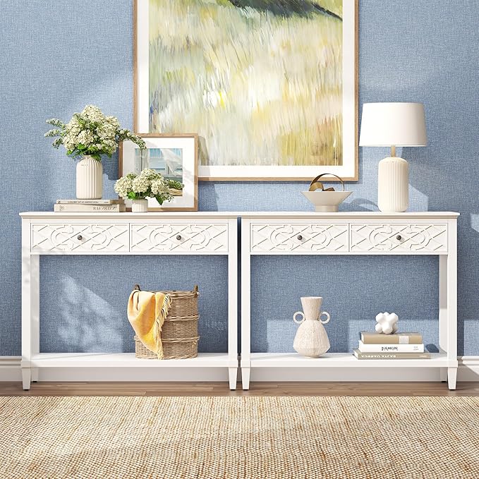 40" Console Table with Drawers, Vintage Entryway Table with Shelf, Charming Carved Motifs, Solid Pine Wood Legs, Accent Sofa Table for Living Room, Painted, Drawers Pre-Assembled, Distressed White