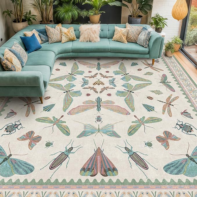 7x9 Green Butterfly Rugs for Kids Bedroom - Washable Insect Area Rug for Living Room, Dining Room Under Table, Boho Girls Room Décor, Low Pile Stain Resistant Carpet