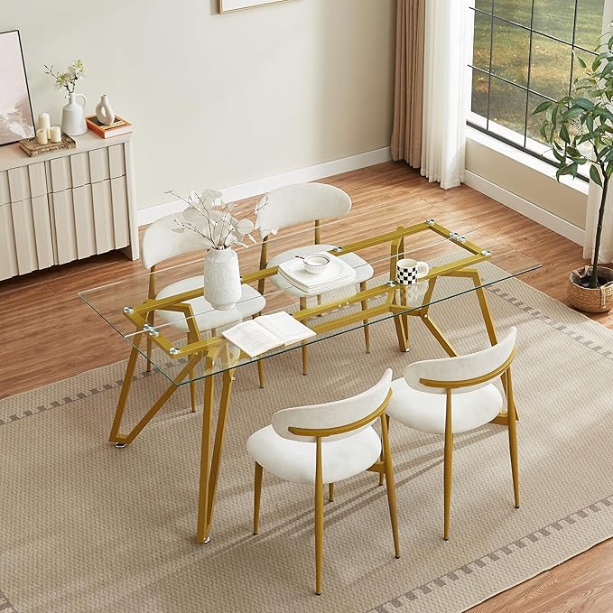 71 inch Glass Dining Table for 4 6 8, Modern Rectangular Kitchen Table and Table Runner, Clear Tempered Glass Tabletop and Gold Metal Legs Dining Room Dinner Table for Kitchen,Living Room, Offices