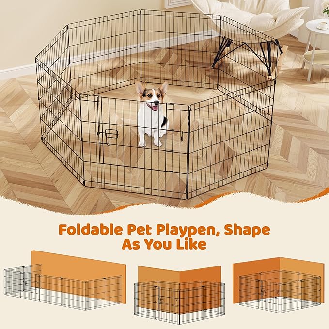 Yaheetech 24" High 8 Panel Dog Playpen Foldable Metal Pet Exercise Pen Puppy Play Fence with Door for Small Animals Black