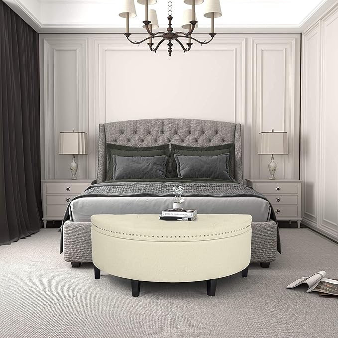 Homebeez 43" Half Moon Storage Ottoman, Button Tufted Bedroom Benches for Entryway Living Room (Cream)