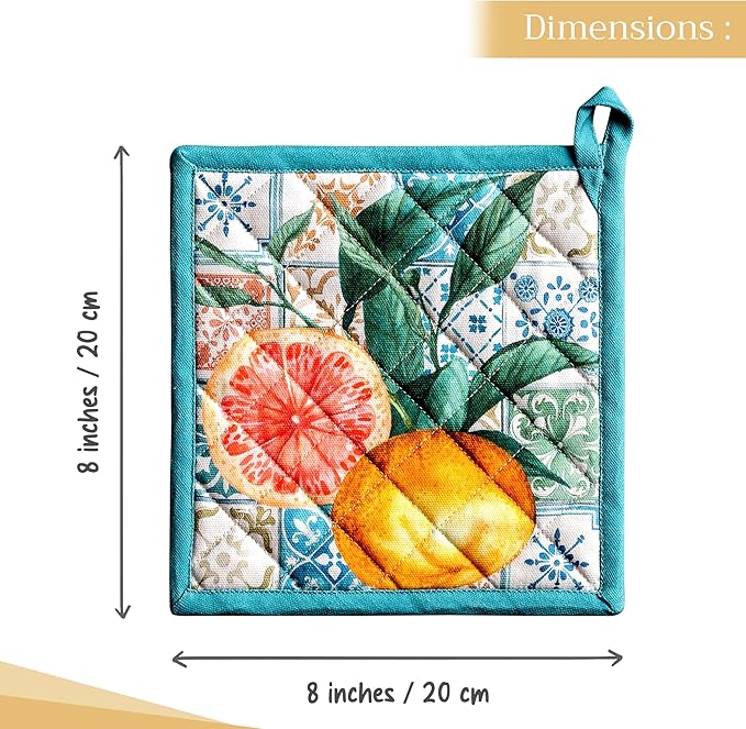 Maison d' Hermine Pot Holders 100% Cotton Heat Resistant Potholders 8" x 8" Hot Pads with Loop BBQ, Cooking, Baking, Grilling, Kitchen, Handling Hot Pans Spring/Summer (Pack of 1, Agrume)