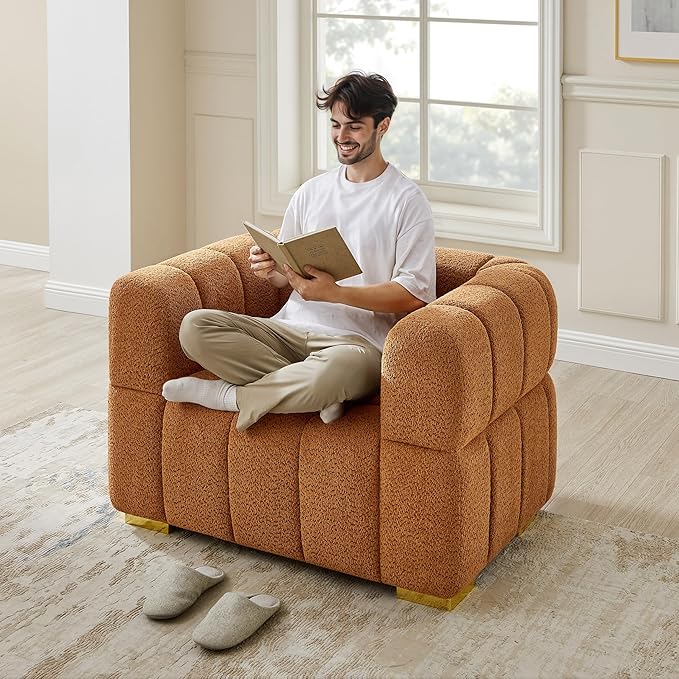 VANOMi Sofa and Chair Set, Modern Deep Seat Couch & Boucle Sofa Chairs, Oversized Upholstered Couch Sets for Living Room, Bedroom, Office, Apartment, Curry (3 Pieces)