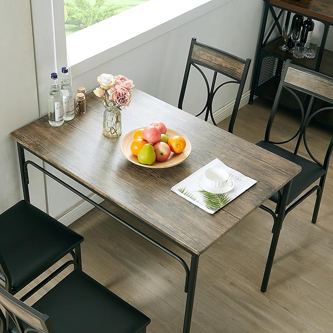 VECELO Dining Table Set for 4, Kitchen Table Set with 4 Chairs for Small Space, Space-Saving and Modern Design, Apartment, Easy to Assemble,Classic Brown