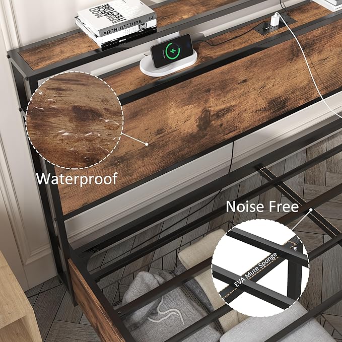 Lifezone Full Bed Frame with 2-Tier Storage Headboard, Metal Platform Bed Frame with 4 Storage Drawers, Built in Charging Station & LED, Noise-Free/Metal Support/No Box Spring Needed, Vintage Brown