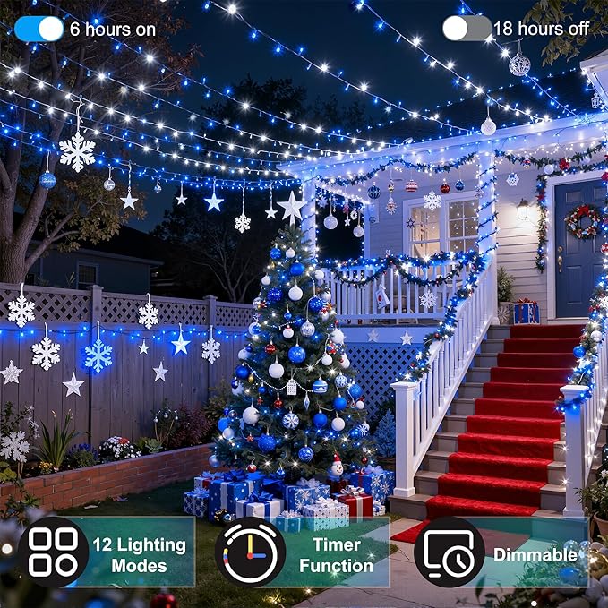 240FT 750LED Christmas Lights,12 Modes Blue and Cool White Outdoor String Lights with Timer & Dimmable, Waterproof Green Wire Christmas String Lights for Tree Xmas Patio Fence Wedding Party Decor