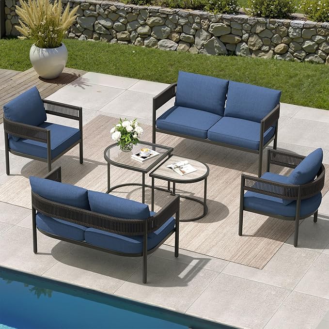 Grand patio 6-Piece Outdoor Furniture Set, 6 Seats Wicker Sofa Conversation Set with Thick Cushions and Coffee Table, for Backyard, Balcony, Garden (Peacock Blue)