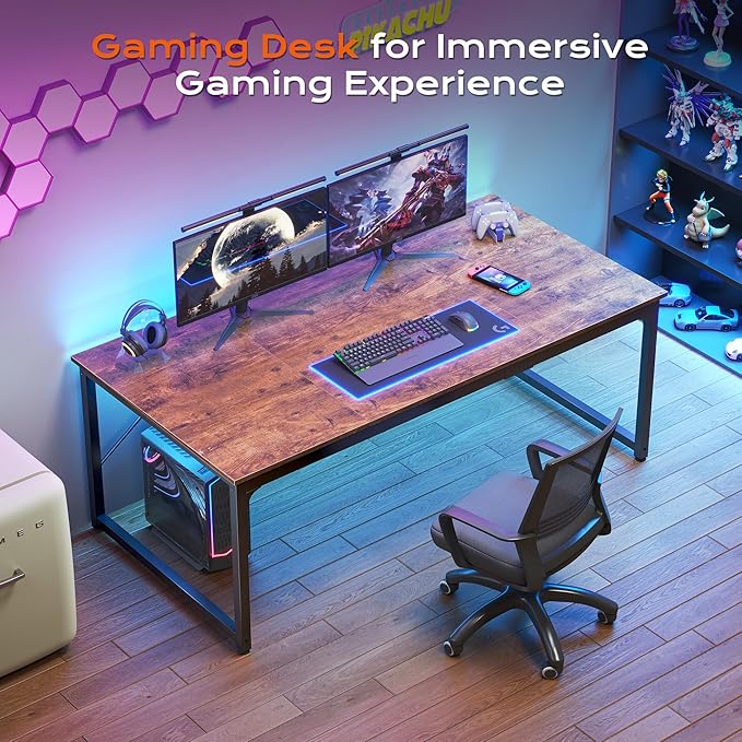 PRAISUN 63 X 29.5 Inch Computer Desk with Deeper Desktop, Gaming Office Writing Work Desk for Home Office, Study, Bedroom, Work from Home, Metal Frame, Rustic Brown