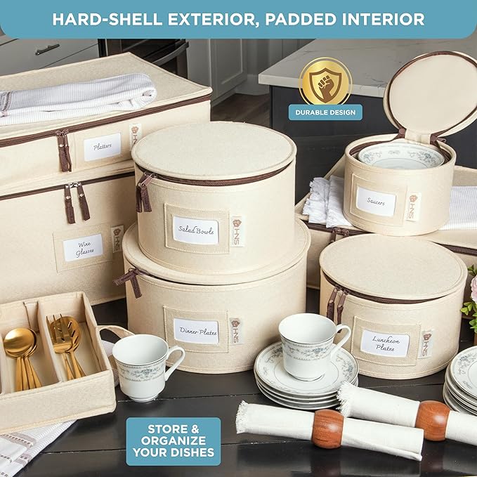 Hard Shell China Storage Containers 12-Piece Set Moving Boxes for Dinnerware, Glasses, Plates, Mugs and Saucers Sturdy Dish Organizer with Dividers for Seasonal Storage - Service for 12 - Beige