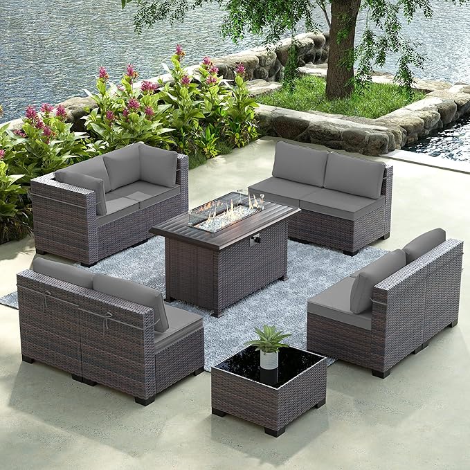 Gotland 10 Pieces Patio Furniture Set with Fire Pit Table, All Weather Rattan Outdoor Furniture with 29.5'' High Backrest 4’’ Thick Cushions Coffee Table, Outdoor Sofa for Deck, Garden, Backyard, Gray