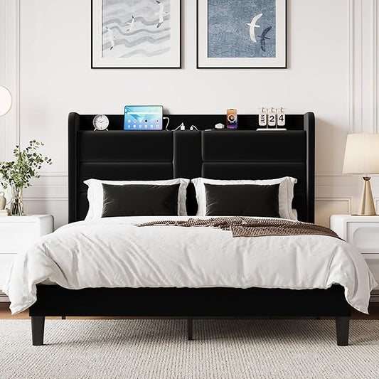 SHA CERLIN Full Size Bed Frame with Charging Station & Storage Headboard, Velvet Platform Bed with Upholstered Modern Wingback Design, Wooden Slats Support, No Box Spring Needed, Easy Assembly, Black