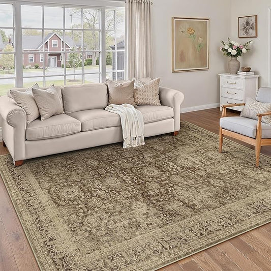 Brown 5x7 Area Rug Non Slip Vintage Living Room Distressed Machine Washable Carpet Retro Indoor Bedroom Floral Traditional Accent Throw Rug for Office Kitchen Dorm Dining Room