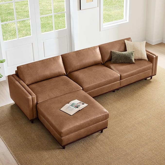 CHITA 118" Super Large Luxury L Shape Convertible Sectional Modular Sofa, FSC Certified Down Filled Modern Sofa with Ottoman, Deep Seat Cloud Couch, 4 Seat Couch, Solid Wood Leg, Faux Leather in Camel