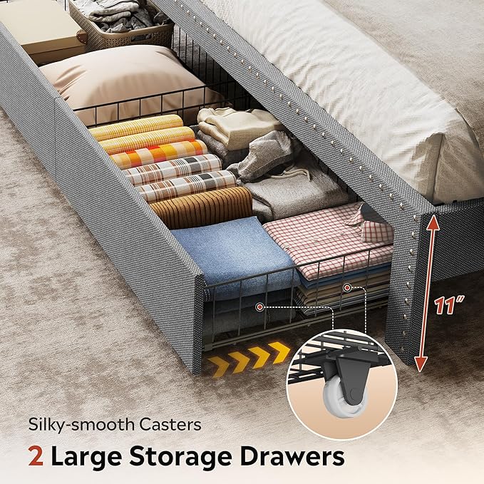 WLIVE Full Size Upholstered Bed Frame with 2 Drawers, Linen Tufted Storage Headboard with Charging Ports and LED Light,Sturdy Metal & Wooden Slats Support, No Box Spring Needed, Light Grey