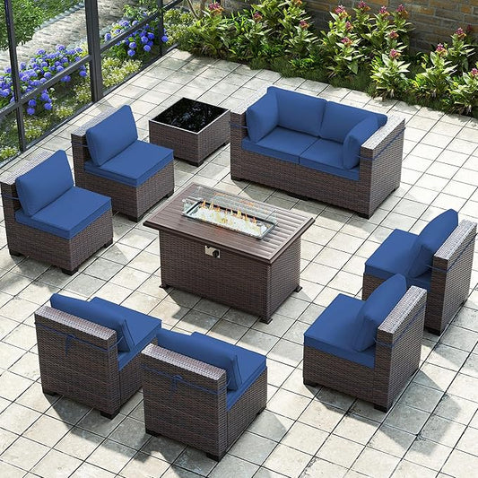 Gotland 10 Pieces Patio Furniture Set with Fire Pit Table, All Weather Rattan Outdoor Furniture with 29.5'' High Backrest 4’’ Thick Cushions Coffee Table, Outdoor Sofa for Deck, Garden, Backyard, Navy