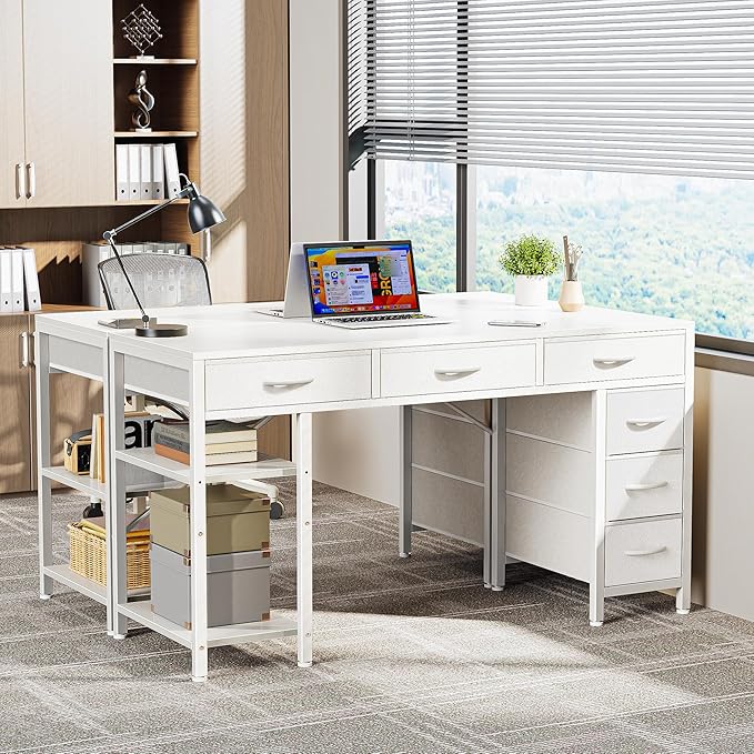 Huuger Computer Desk with 6 Drawers, Office Desk with Shelves, Reversible Gaming Desk, Corner Desk with Storage, Work for Home Office, Study, Living Room, 47inch, White