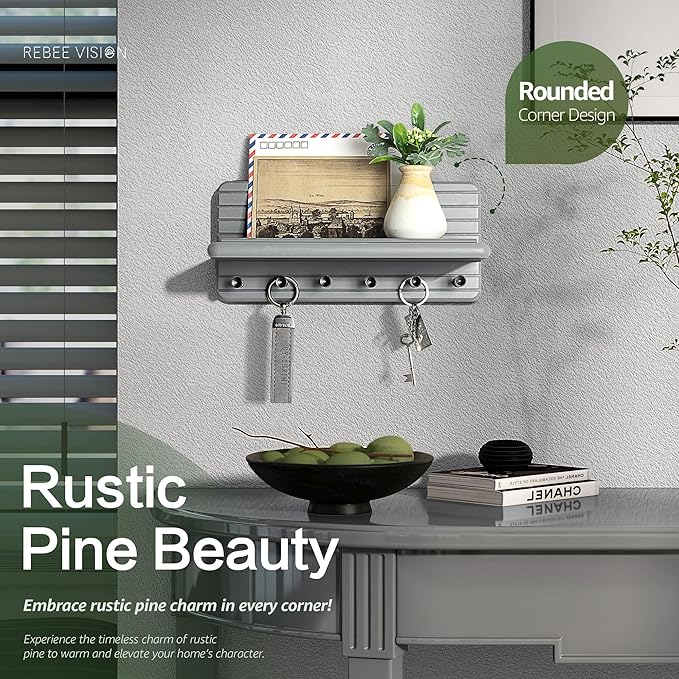 Rebee Vision Decorative Key Holder Wall Mount for Room Decor Aesthetic – Modern 11-inch Pine Wooden Key Holder for Wall with 6 Hooks & Floating Shelf - Sleek Home Improvement Essential (Gray)