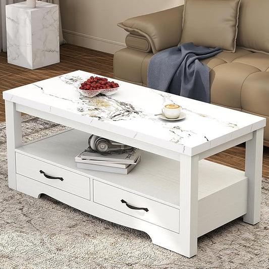 Coffee Table 40" Faux Marble 2-Tier Modern Wooden Rectangle Center Table with Drawers for Living Room, Conference Room, Thickened Top, Small Space Home Furniture (White Oak with Storage)