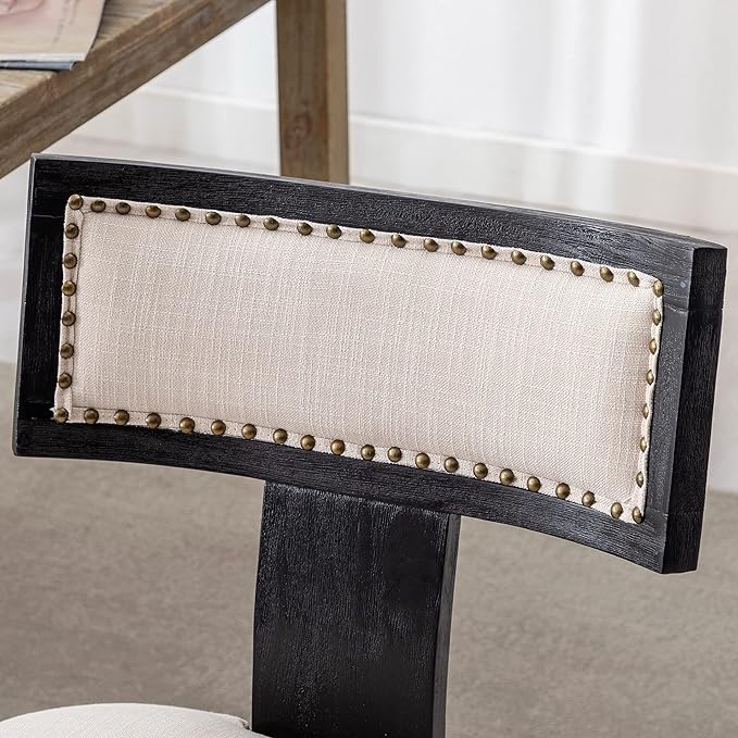 Mid Century Modern Dining Chairs Set of 2 Linen Fabric Upholstered Kitchen Side Chairs with Nailhead Trim, Modern Kitchen Armless Solid Wood Dining Chairs, Beige