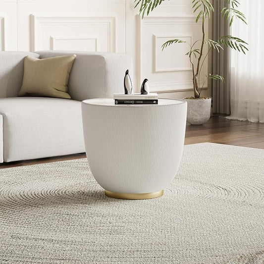 White Round Coffee Table with Sintered Stone Tabletop, 19.69 Drum Coffee Table with Fluted PU Leather Covered and Metal Base, Circle Cocktail Tea Table for Living Room