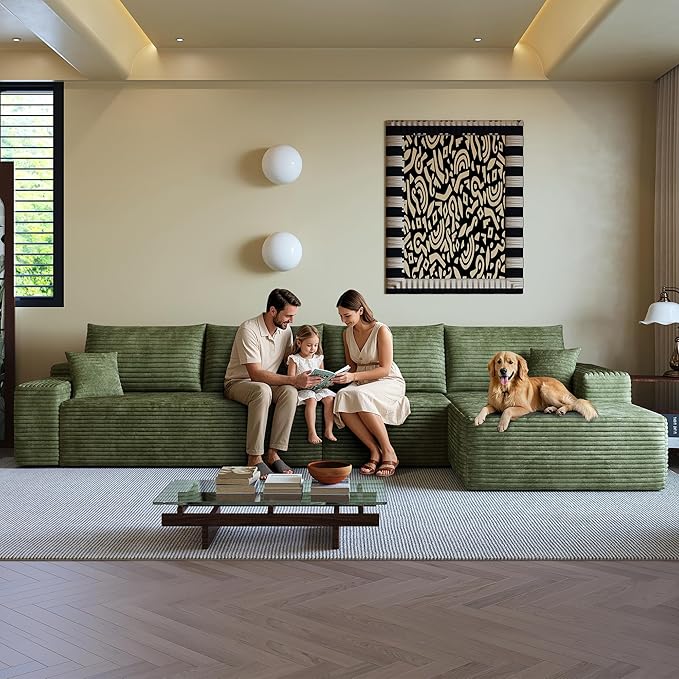 136" Sectional Couches for Living Room Modern Modular Sofa with L-Shape Couchs Upholstered Boneless Couch Deep Seat Sectional Couch with Chaise (Green, Right Facing Chaise+3Seaters)