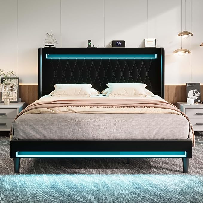 Allewie Upholstered King Size Platform Bed Frame with LED Light and Charging Station, Button Tufted High Headboard, Wingback Design, Noise Free, Easy Assembly, No Box Spring Needed, Black