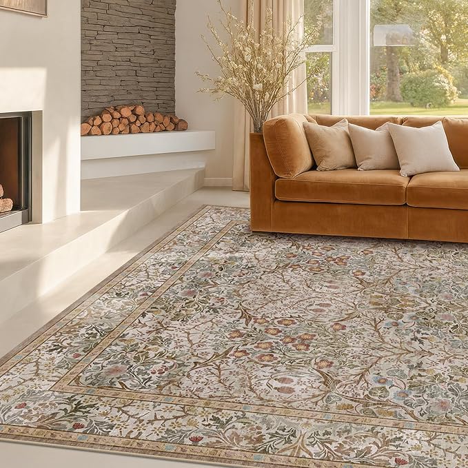 Washable Dining Room Rugs for Under Table - 7x9 Moss Green Oriental Area Rug for Living Room, Low Pile Non-Slip Floor Carpet for Bedroom Under Bed - Vintage Brown Neutral Design & Stain Resistance