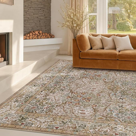 Washable Dining Room Rugs for Under Table - 7x9 Moss Green Oriental Area Rug for Living Room, Low Pile Non-Slip Floor Carpet for Bedroom Under Bed - Vintage Brown Neutral Design & Stain Resistance