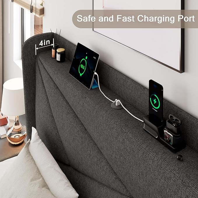 Queen Size Upholstered Bed Frame with Charging Station, Platform Bed Frame with Storage Headboard, Solid Wood Slats Support, No Box Spring Needed, Dark Gray