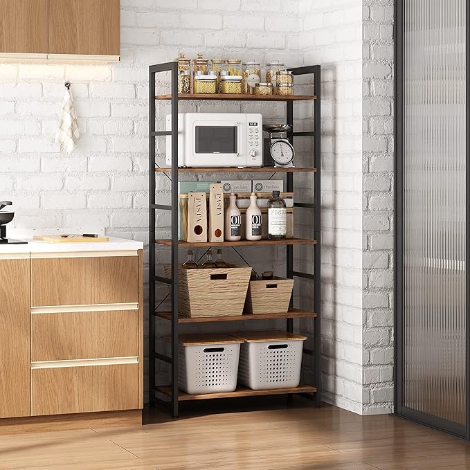 24" Bookshelf, 5-Tier Ladder Shelf, Industrial Bookcase, Wooden and Metal Storage Rack, Shelving Unit for Living Room Entryway Office, Rustic Brown Book Shelves