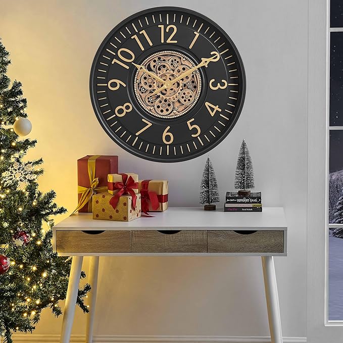 CLXEAST 21 Inch Moving Gear Wall Clock, Large Regular Arabic Numeral Wall Clocks for Living Room Decor,Modern Black& Gold Finish,House Warming Gifts New Home