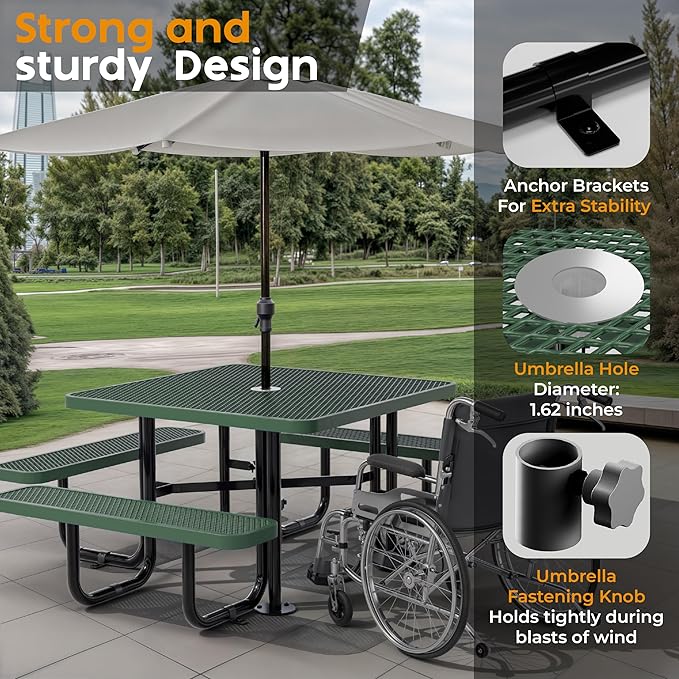 Metal Picnic Tables for Outdoors with Umbrella Hole - Coated Steel Heavy Duty Commercial Grade Furniture with Adjustable Seats (Green, 46 in, Square, Expanded Steel)